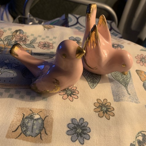 Coppia statuine uccellini della felicità vintage in vetro rosa e oro - Foto 2 di 6