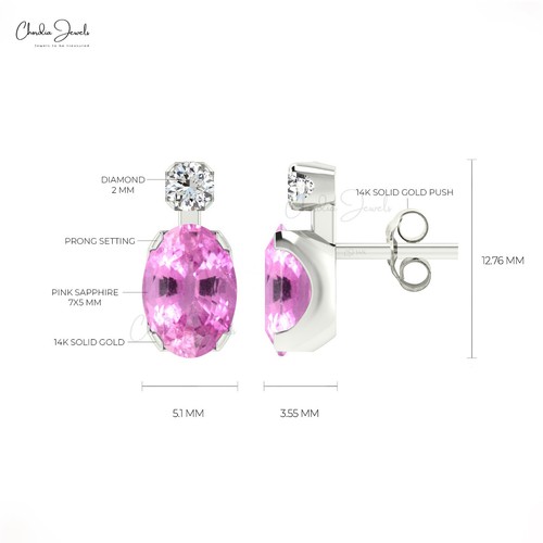 Hallmarked 14k Solid Gold Natural Pink Sapphire Diamond Accent Oval Stud Earring - Picture 21 of 22