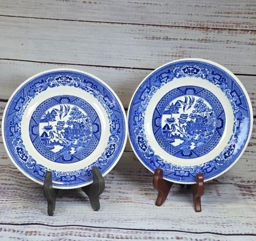 Vintage blue Willow Ware Plate set Blue White China Pagoda Bridge Birds - Picture 2 of 11