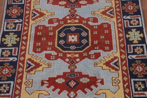 Vibrant Color Geometric Kazak Hand-Knotted Accent Rug Blue 4x6 ft - Picture 4 of 18