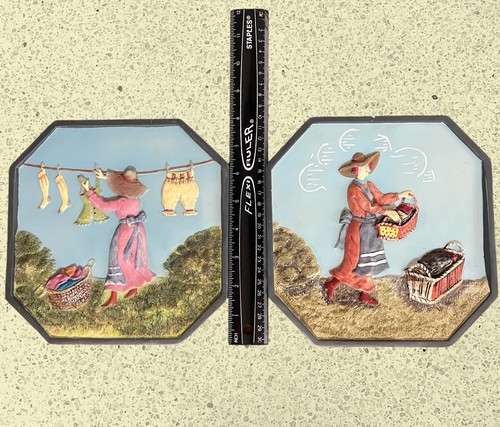 Set Of 2 Ceramic Chalkware Farmhouse Laundry 8" Octagon Plaques Wall Decor - Picture 7 of 9