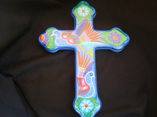 Wanddeko, handbemaltes Kreuz, mexikanische Keramikkunst,  - Bild 1 von 3