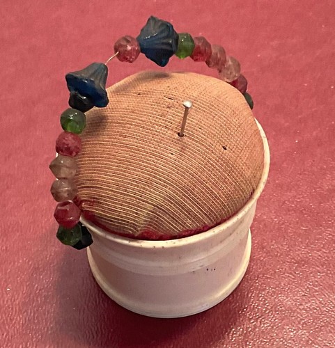 Vintage 1950s JAPAN Pail with beaded handle PIN CUSHION Handmade Sewing Novelty