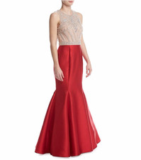 Xscape Long Satin Trumpet Skirt with Bead/Illusion Top SZ 8 NEW