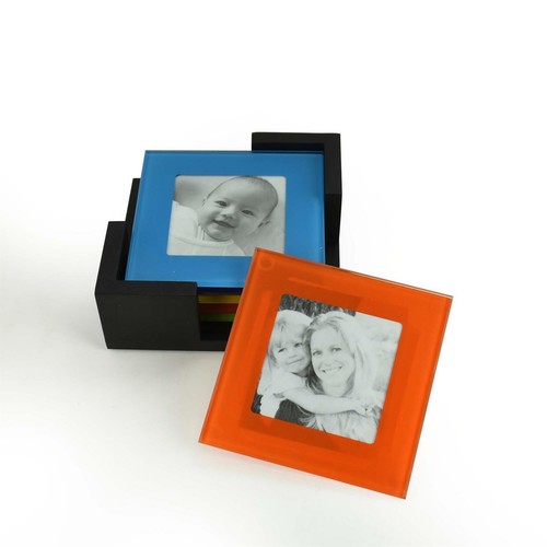 Set of 6 Coloured Glass Picture Coasters Photo Frame Coasters Glass