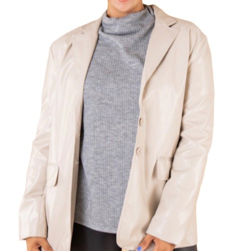 Glam Faux Leather Blazer Beige Jacket Coat Small New - Picture 4 of 7