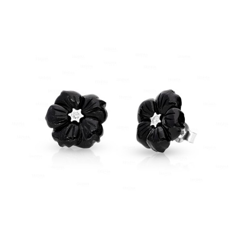 GENUINE DIAMOND AND BLACK ONYX GEMSTONE FLORAL JACKET 14K GOLD EARRINGS - Picture 6 of 6