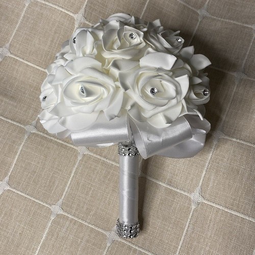 Beautiful Throw Away Wedding Bridal Bouquet White Rhinestone Flower Satin Ribbon - Picture 2 of 5