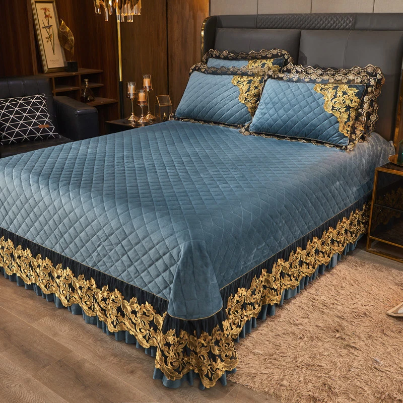 Juego de colcha acolchada de terciopelo de cristal de encaje de lujo tamaño queen cubre sábana gruesa Foto 2 de 4