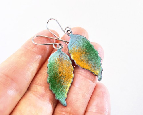 Enamel Leaf Earrings Colorful Fall Leaf enameled copper Handmade USA - Picture 3 of 5