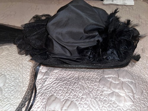 Vintage Elsie Massey Victorian Touring Hat Black Netting Feathers & Flowers - Picture 7 of 15