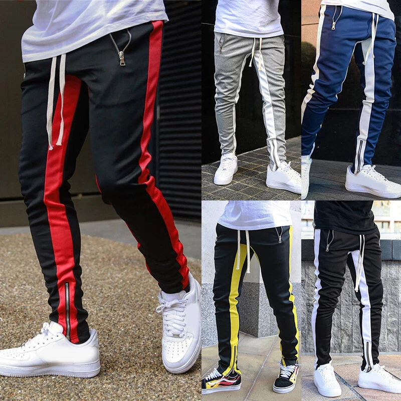 Men Sweat Pants Tracksuit Bottoms Trousers Joggers Striped Casual Gym Jogging