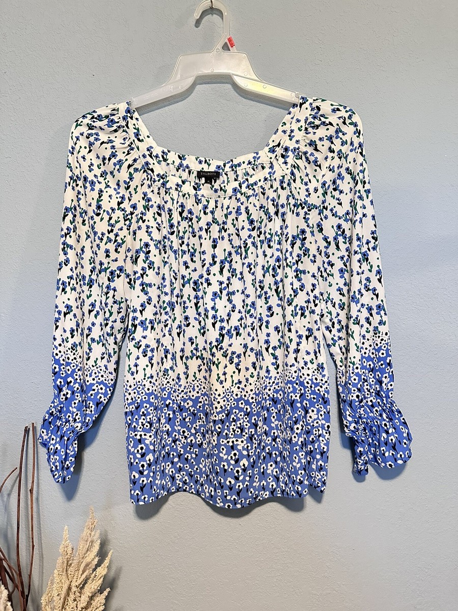 Talbots Woman Blue White Floral Square Neck Top Blouse Size Medium