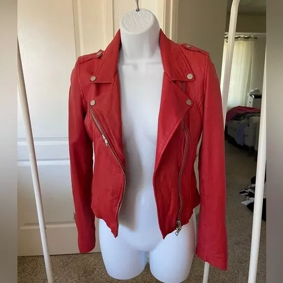 Zara Trafaluc Red Sheep Leather Moto jacket Size XS preowned