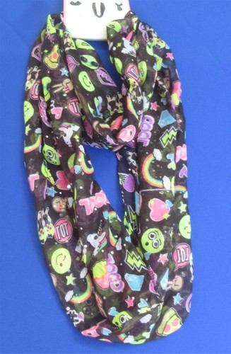 Justice Black Gauzy Eternity Infinity Scarf Emojies and Sequins 15" wide A825 - Picture 1 of 5