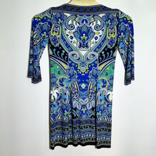 Sandra Darren Damen 8 Paisley Jersey Etuikleid Stretch 3/4 Arm blau grün - Bild 2 von 8