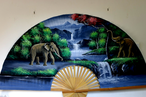 Elephants Decorative Fan Hand Painted 60 Inches Wide 35 Inches Wide