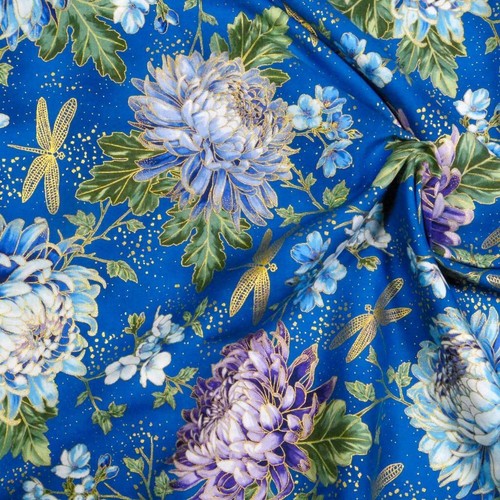 Metallic Gold Dragonflies on Royal Blue, A Hoffman 100% Cotton, BTY or BTHY - Picture 3 of 5