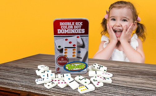 Doppel 6 Farbpunkte Dominosteine Spiel Set - weiße Dominosteine 28 Stück Set Spielzeug in Blech - Bild 8 von 8