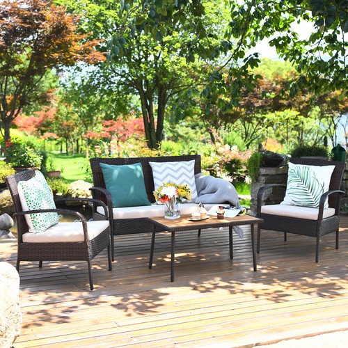 4PCS Patio Rattan Furniture Set Outdoor Conversation Set Coffee Table w/Cushions - Picture 3 of 11
