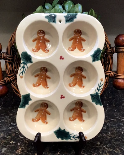 Vintage Hartstone GINGERBREAD & HOLLY Muffin Pan 10.5” X 7.5” ~ PRISTINE!