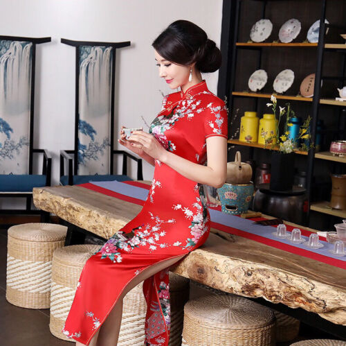 Nuovo lussuoso abito lungo cinese in raso rosso fenice Cheongsam Qipao lcdress50 - Foto 2 di 7