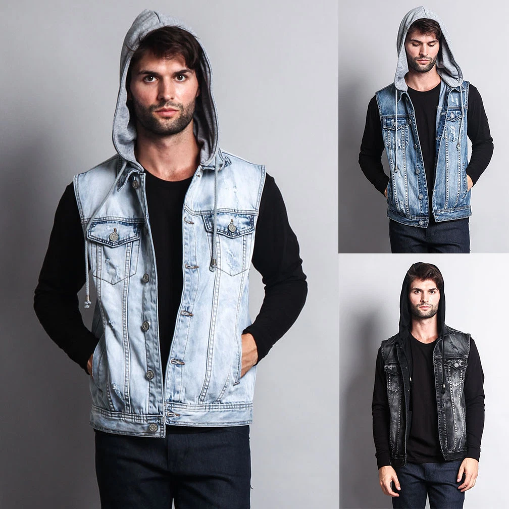 Victorious Men's Distressed Detachable Hoodie Denim Vest S ~ 5XL DK108