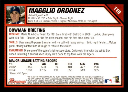 2007 Bowman #110 Magglio Ordonez Detroit Tigers - Picture 2 of 2