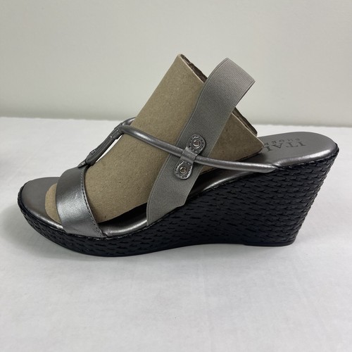 Italian Shoemakers Sandals Sling Back Wedge Silver 10 Boho Hippie Office Shiny - Picture 2 of 13