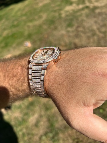 Real Mens Watch Fully Iced Rose Gold Stainless Steel Bust Down Out 41mm Hip Hop - Picture 3 of 12