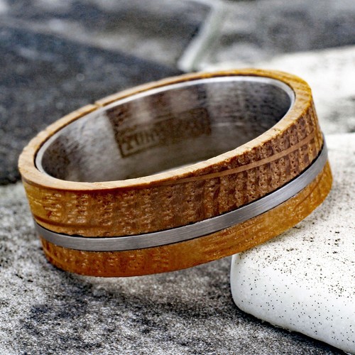 8mm Whiskey Barrel Wood w/ Offset Mens Tungsten Carbide Stripe Wedding Band Ring - Picture 3 of 10