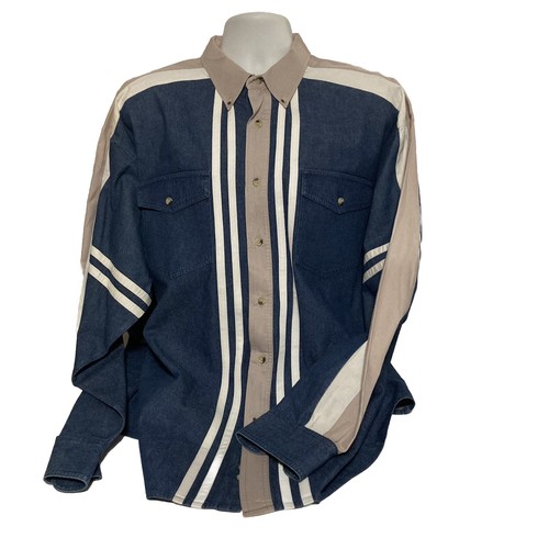 Vintage Wrangler Brushpopper Men's Shirt 2XL Denim Striped Western