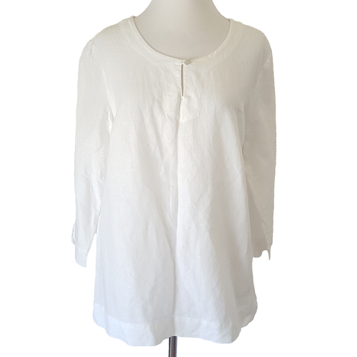 Hot Cotton White Tunic Top Size L Linen Blend 3/4 Sleeve Boxy Lagenlook Popover