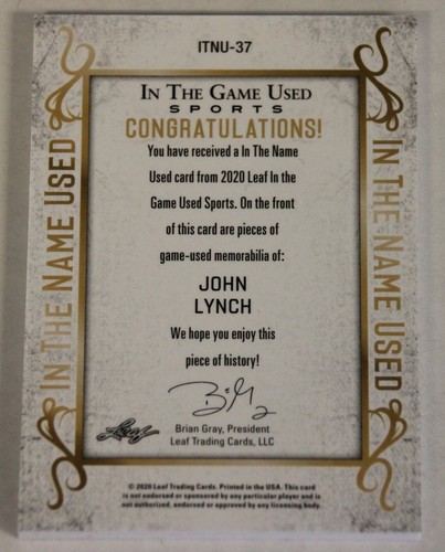 2020 LEAF IN THE GAME NAME USED SPORTS JOHN LYNCH JERSEY PATCH "N" #2/5 HOF 2021 - Picture 2 of 2