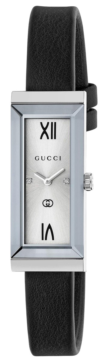 Gucci G-Frame Silver Dial Black Leather Diamonds Quartz Womens