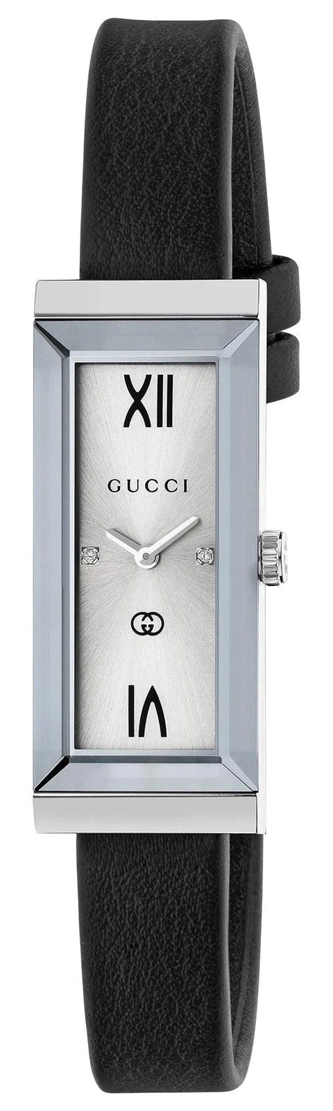 Montre femme Gucci cadre G cadran argenté cuir noir diamants quartz YA127515