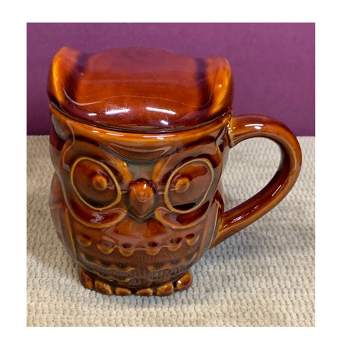 VINTAGE BRAUN GLASIERTE EULE KAFFEETASSE/BECHER MIT DECKEL