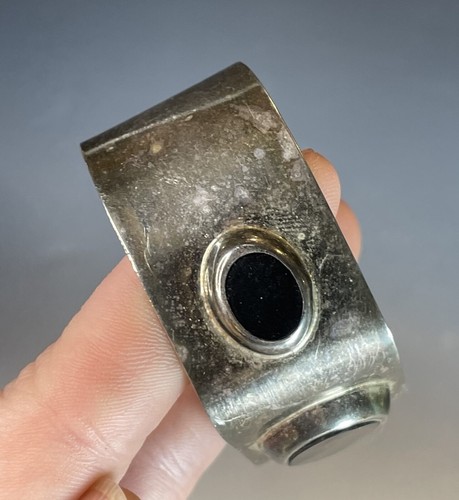 Mid-Century Modern Silverplated Brutalist Cuff w/ Black Inset Modernist Jewelry - Picture 7 of 13