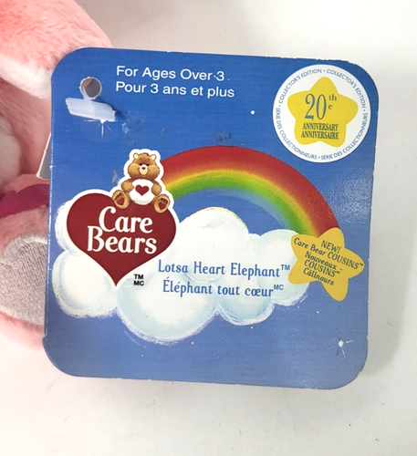 Peluche vintage de 8" Care Bears Cousin 20 aniversario Lota Heart Elephant *NUEVO CON ETIQUETAS* - Imagen 4 de 6