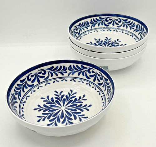 Sanibel Home Blue & White 100% Melamine Salad Pasta Bowls 8"D Set of 4 NWT HTF