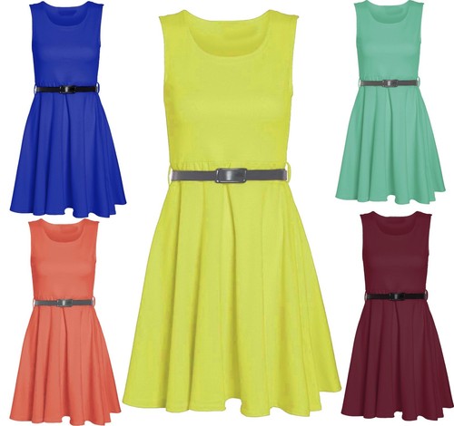 Womens Ladies Belted Skater Sleeveless Flared Dress Top Party NIGHT OUT 8-22 NEW - Picture 1 of 2