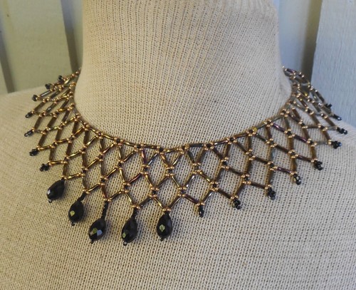Netted Weave Adjustable Beaded Choker Necklace w Drop BeadsBronze, Brass, Black - Picture 4 of 9
