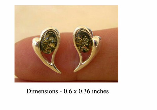 BALTIC HONEY or GREEN AMBER & STERLING SILVER HEART STUD EARRINGS - Picture 4 of 5