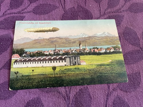 @1908 Zeppelin over Friedrichshafen hangar postcard sized card -blank back - Picture 1 of 2