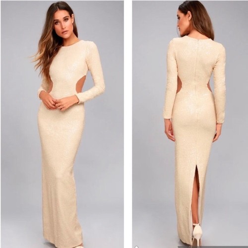 Dress the Population Lara Cream Sequin Cutout Long Sleeve Maxi Dress Gown Small - Picture 2 of 16
