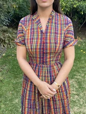 Vintage 50s Handmade S M Dress Multicolor Plaid Fit N Flare Shirt Rainbow