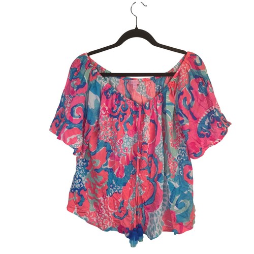 Lilly Pulitzer Off Shoulder Top Womens Large Pink Blue Floral Blouse - Picture 1 of 5
