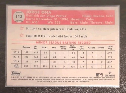 Jorge Ona #113 2021 Topps Chrome Platinum Anniversary X-Fractor Rookie Card RC - Picture 2 of 2