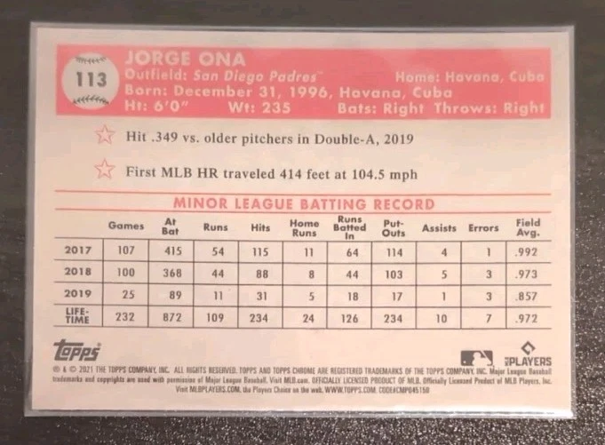 Jorge Ona #113 2021 Topps Chrome Platinum Anniversary X-Fractor Rookie Card RC - Image 2 of 2