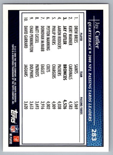 2009 Topps Jay Cutler Denver Broncos #283 - Picture 2 of 2